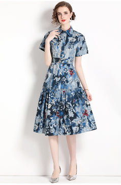 Printed Lapel Short Sleeve Waist Slimming Mid-Length Dress