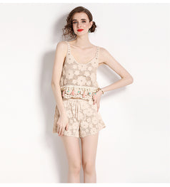 Hook Flower Embroidery Hollowed Out Short Style Suspender Top and High Waist Shorts Two-Piece Suit