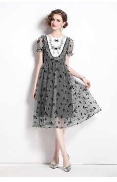 Temperament Elegant Round Neck Bubble Short Sleeve Slim Mid-Length Dress