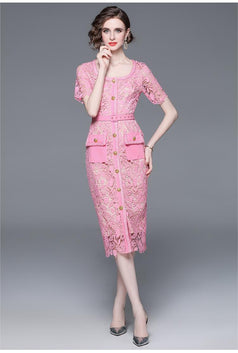 Single Breasted Water Soluble Lace-Up Fanny Pack Hip Mid-Length Dress