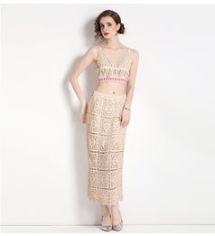 Hook Flower Embroidery Hollowed Out Short Style Suspender Top and Bag Hip Skirt Two-Piece Set