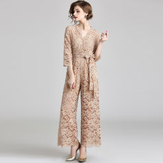 Lace Jumpsuit Women's Autumn Clothes New European and American Sexy V-neck Lace-Up Show Thin Trousers Wide Leg Pants
