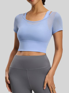 Mesh with Built-in Bra Yoga Sports Short-Sleeve Top for Women