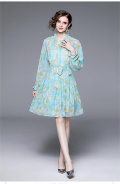 Long-Sleeved Blue Vintage Print Lantern Sleeve Two-Piece Dress with Wooden Ear Trim