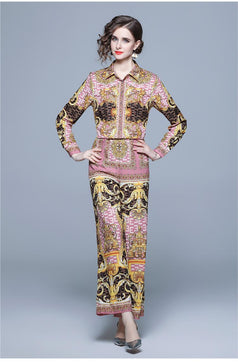 Printed Long-Sleeved Shirt Wide-Leg Pants Suit Women's Two-Piece Autumn Clothes New