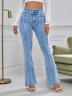 Fashionable and Versatile High-waisted Denim Pant with Slightly Flared Edges for Women