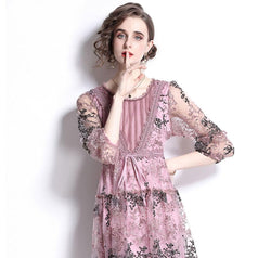 Lace Mesh Embroidery Fashion Seven-Point Sleeve Mid-Skirt Crewneck Dress