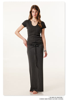 Summer Solid-color Waist-cinched U-neck Skin-friendly Top