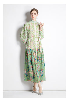 Fashion National Style Retro Stand-up Collar Lantern Sleeve Printed Long Skirt Dress