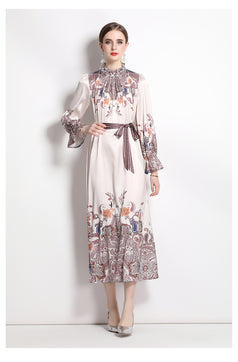 Satin Antique Print Stand Collar Flared Sleeves Lace-Up Waist Pulled into Long Skirt