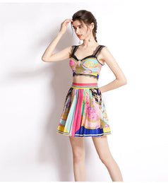 Spring/Summer Resort Print Pleated Skirt and Lace Patchwork Top Suit