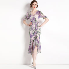 Printed Chiffon Fold Waist Slimming Lantern Sleeve Dress Long Skirt