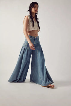 Fashion Casual Vintage-Style Middle-Waist Wide-Leg Denim Pant for Women
