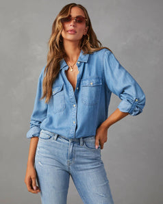 Fashion Casual Versatile Loose Polo-Neck Long Sleeve Denim Blouse for Women