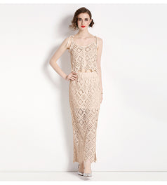 Hook Floral Embroidery Lace Hollowed Out Short Style Suspender and Bag Hip Split Half Dkirt Two-Piece Set