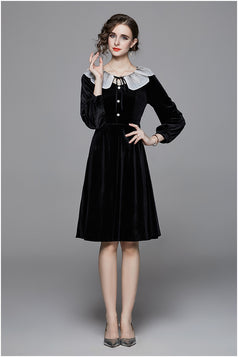 Temperament Lotus Leaf Collar Dress Long Sleeve High Waist Slim Mid-Length A-Line Skirt