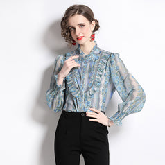 Vintage Printed Stand Collar Long Sleeve Top With Wooden Ear Edge