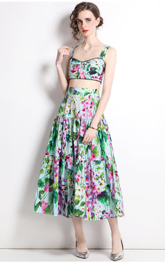 Vintage Sleeveless Short Style Chest Wrap Suspender and Printed High-Waisted Skirt Two-Piece Suit