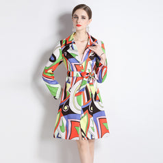 Fashion Printed Suit Collar Coat Temperament Waist Slimming Breasted Mid-Length Trench Coat