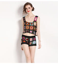Resort Beach Wind Hand Hook Hollowed Out Vest and Shorts Two Piece Suit