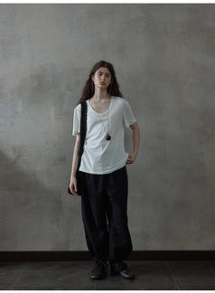 Summer Textured Linen Cotton U-shaped Neck Solid Color Women's T-shirt