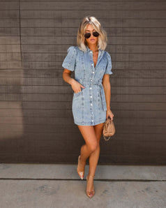 Summer Fashion Casual Slim-Fitting Waisted Short Sleeve Denim Dress for Women