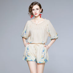 Line Neck See-Through Top and High Waist Shorts Breathable Suit