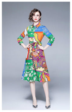 Fashion Temperament Dress Long-Sleeved Vintage Print Belt Tucked Mid-Length Skirt