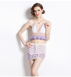 Hollowed Out Hook Flower Knitted Suit Women's Summer Flanged Short Style Chest Hanging Neck Vest and Short Skirt Two-Piece Set