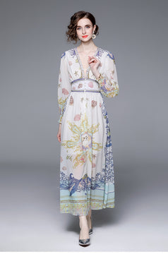 Resort Style V-Neck Vintage Print Long-Sleeved Full-Length Dress with Waist Tucked in