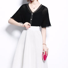 Ice Silk Breathable V-neck Nailed Beaded Knitwear and Hollowed Out Mesh Princess Skirt Two-Piece Set