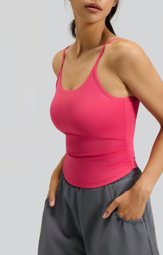 Waist-Closing Pleated Sports Top with Built-in Cups