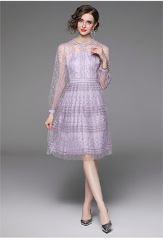 Purple Patchwork Mesh Embroidered Long Sleeve Dress