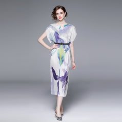 Elegant Temperament V-Neck Printed Pleats Dress