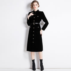 Temperament Retro Long-Sleeved Thickened Velvet Outerwear Dress