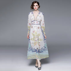 Resort Style V-Neck Vintage Print Long-Sleeved Full-Length Dress with Waist Tucked in