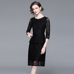Temperament Elegant Lace Skirt Slim Slim Show Seven-Point Sleeve Mid-Skirt Dress