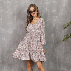 Fashion Round-Neck Long Sleeve Printed Ruffled Hem with Large Flared Dress for Women