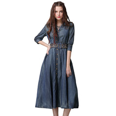 New Vintage Belt Embroidered Slimming Dress Irregular Draw Pleated Lapel Denim Skirt