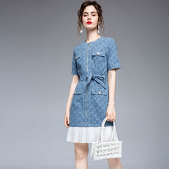 Pleated Lace-Up Waist Slimming Plaid Denim Skirt