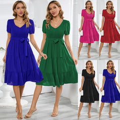 Summer Short Sleeved Slim Large Swing Splicing Cake Dress