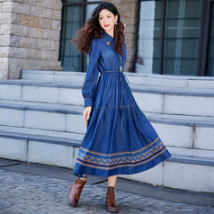 New Vintage Button Drawstring Waist Slimming Dress Heavy Industry Embroidery Denim Skirt