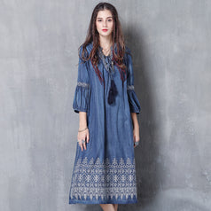 V-Neck Lace-Up Loose A-Line Large Size Temperament Denim Skirt 2023 Spring and Summer Embroidered Mid-Sleeve Vintage Dress