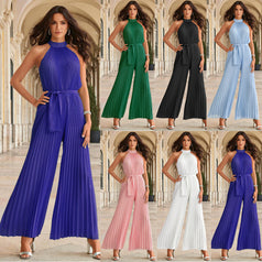 Sexy Hanging Neck Sleeveless Pleated One-Piece Pants