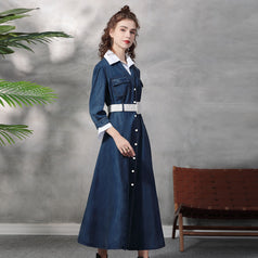 New Suit Neck Denim Dress Retro Temperament Slimming Waist Showing Fake Two Long Dresses