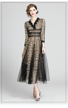 Slimming V-Neck Nine-Point Sleeved Long Skirt Dress