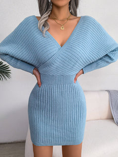 V-Neck Batskirt Dress Covering Buttocks
