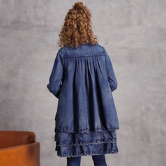 New Stand-Up Collar Denim Trench Coat Women's Vintage Embroidery Loose Mid-Length Coat