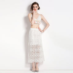 Embroidery Hollowed Out V-Neck Short Style Suspender Top + Bag Hip Half Skirt Two-Piece Suit