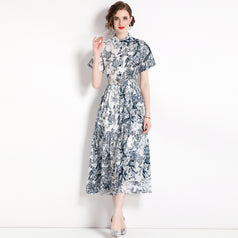 New Women's Slim Mid-Length Printed Short-Sleeved Shirt Dress